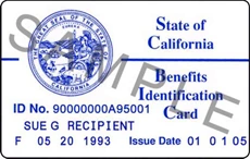 Sample of the older blue-and-white California Benefits Identification Card